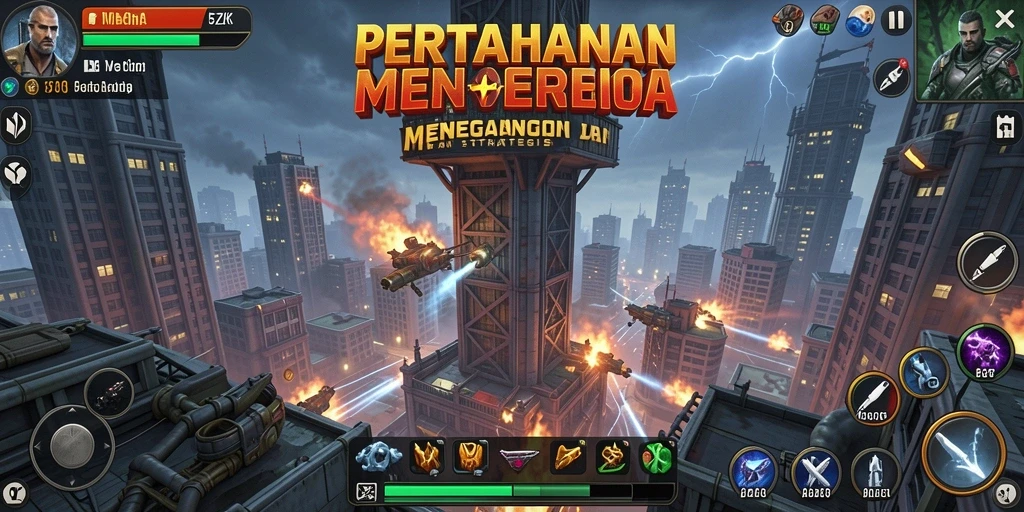 Tampilan gameplay 5ZK yang menegangkan dengan pertahanan menara strategis.