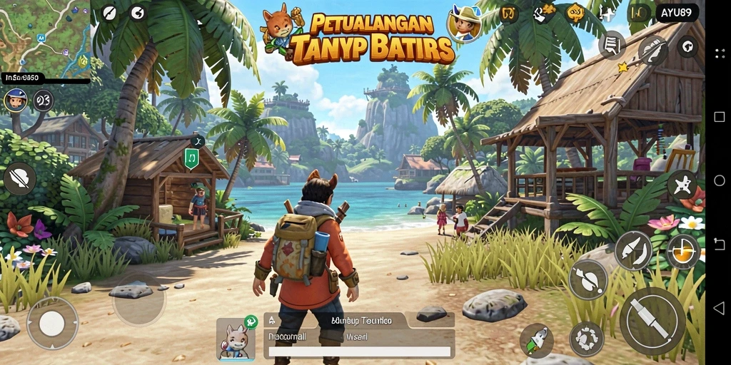 Screenshot gameplay AYU89 menunjukkan petualangan di dunia yang luas.