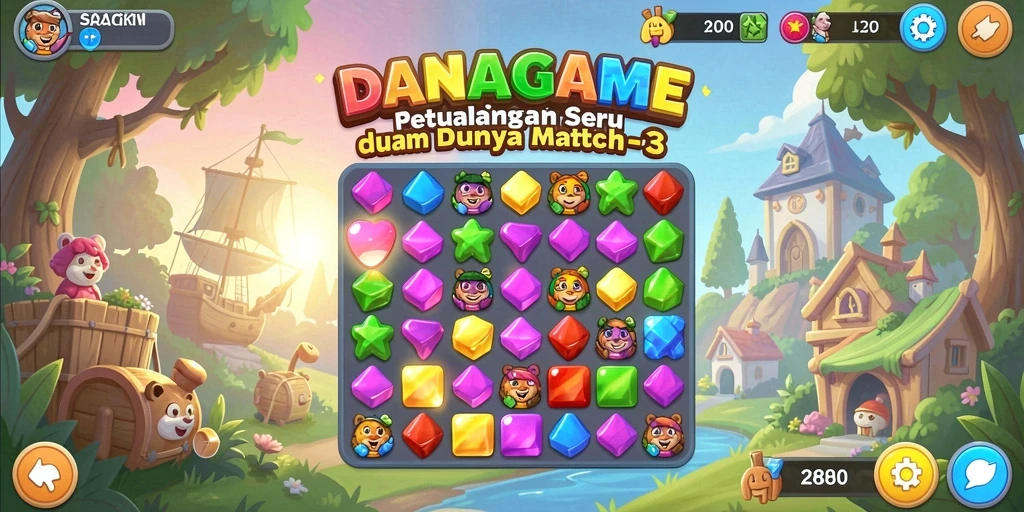 Gameplay seru DANAGAME dengan kombinasi item Match-3 yang menarik.