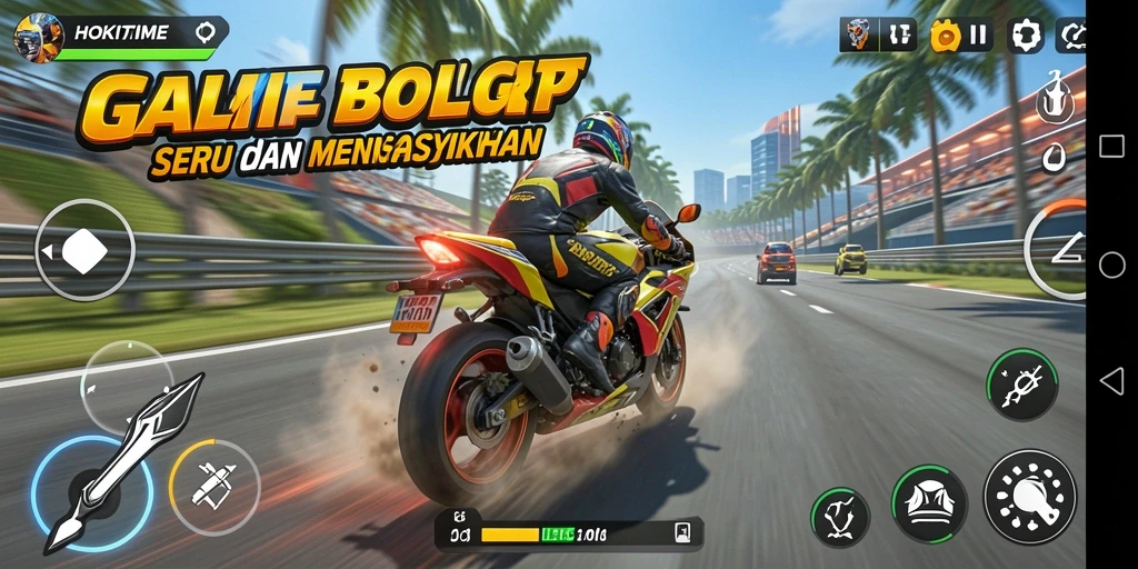 Screenshot HOKITIME menampilkan aksi balap motor yang mendebarkan.