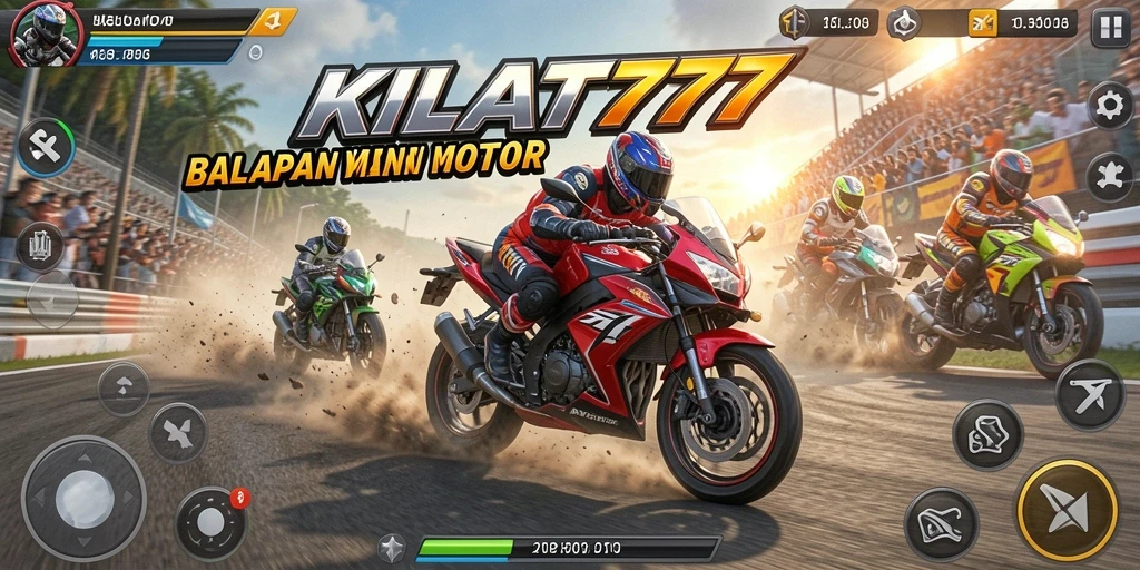 Gameplay KILAT777 dengan aksi balapan motor yang intens.