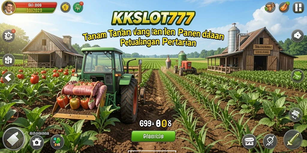Screenshot KKSLOT777 menampilkan petualangan bertani dengan tanaman subur dan hewan ternak.