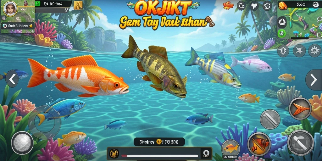 Gameplay seru di OKJKT saat menangkap ikan berwarna-warni.